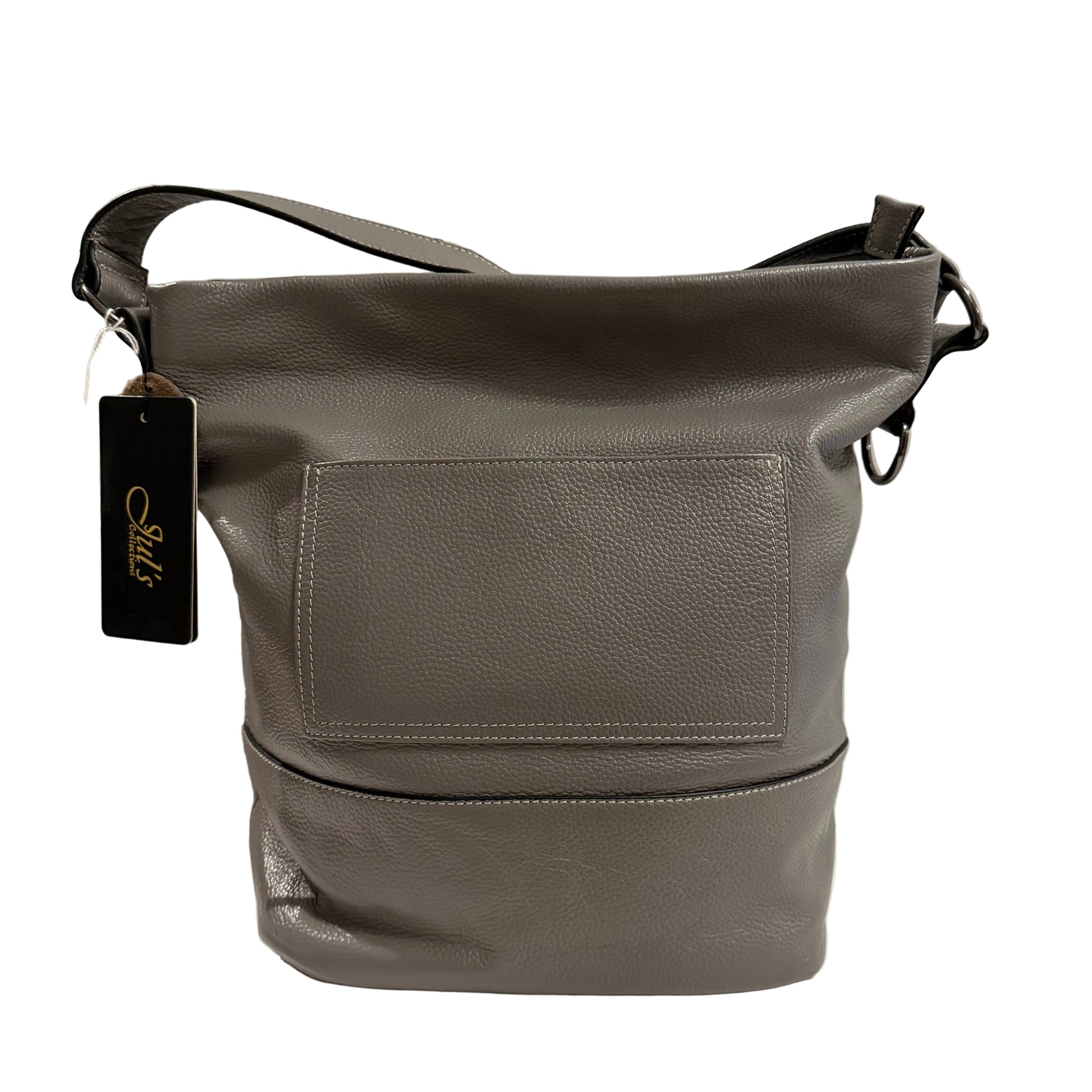 Gray leather handbag with a tag on a light gray background