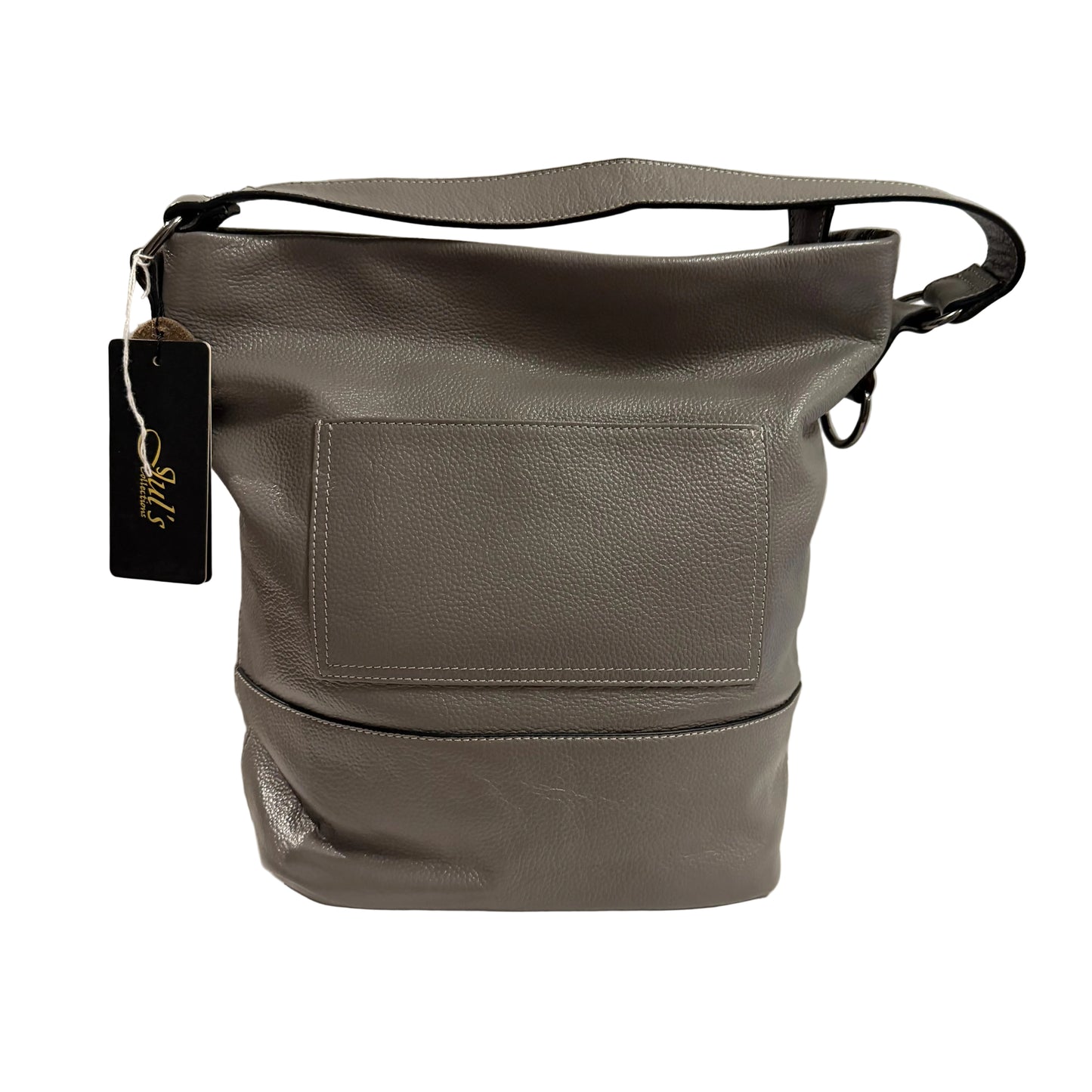 Gray shoulder bag with a visible brand tag on a light gray background