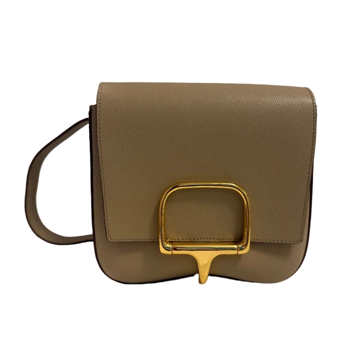 Beige handbag with a gold handle on a light gray background