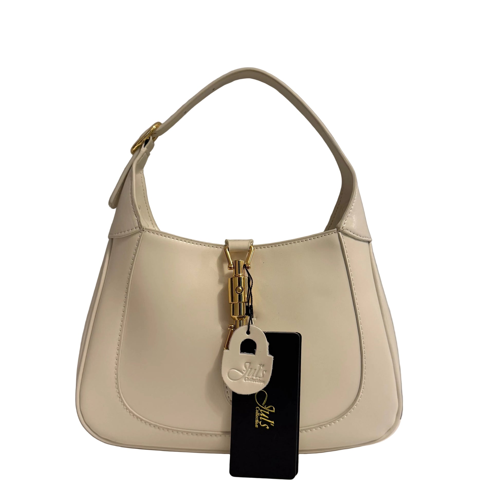 Beige handbag with a tag on a gray background