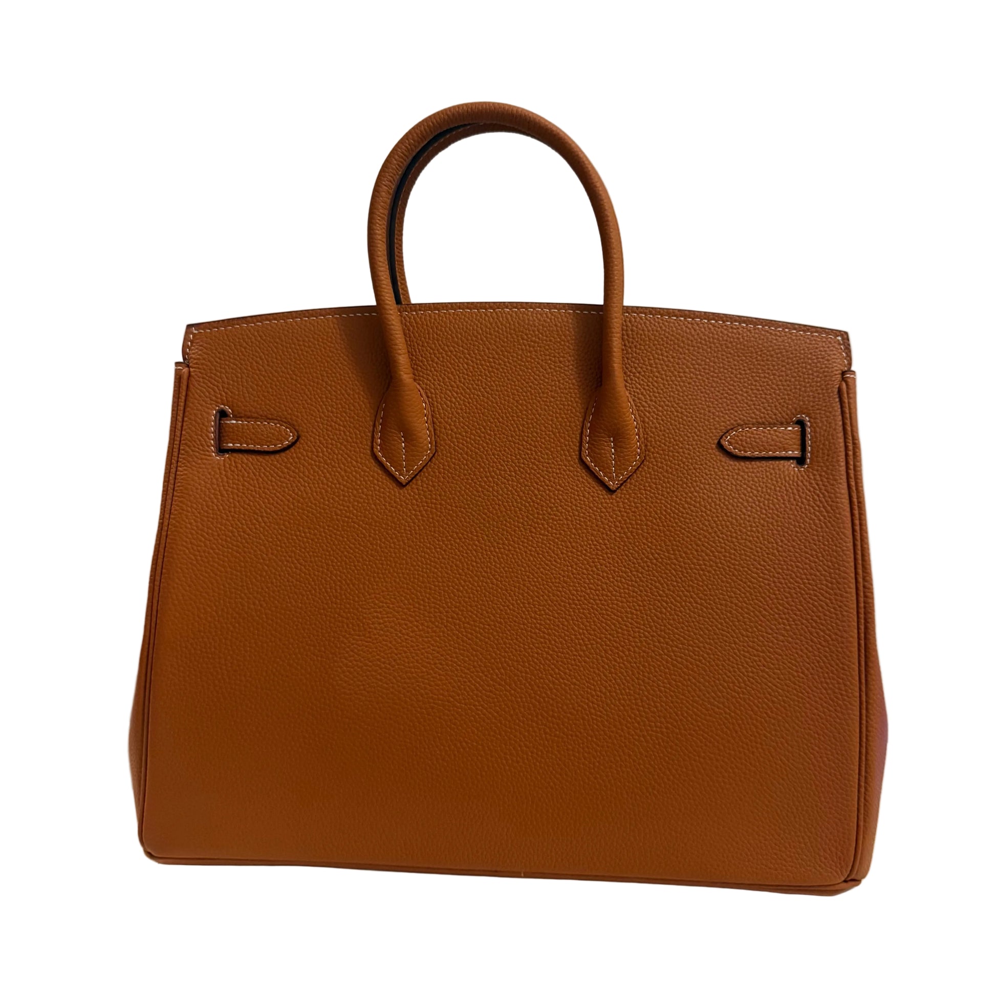 Brown leather handbag on a light gray background