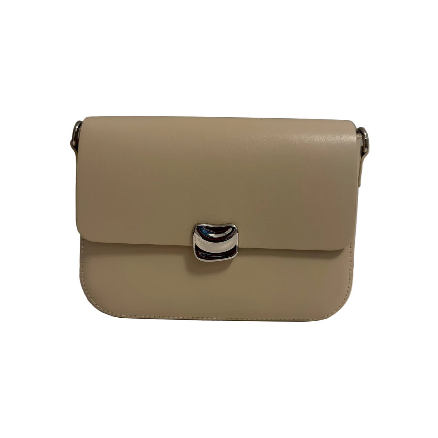 Beige handbag with a silver clasp on a white surface with a gray background