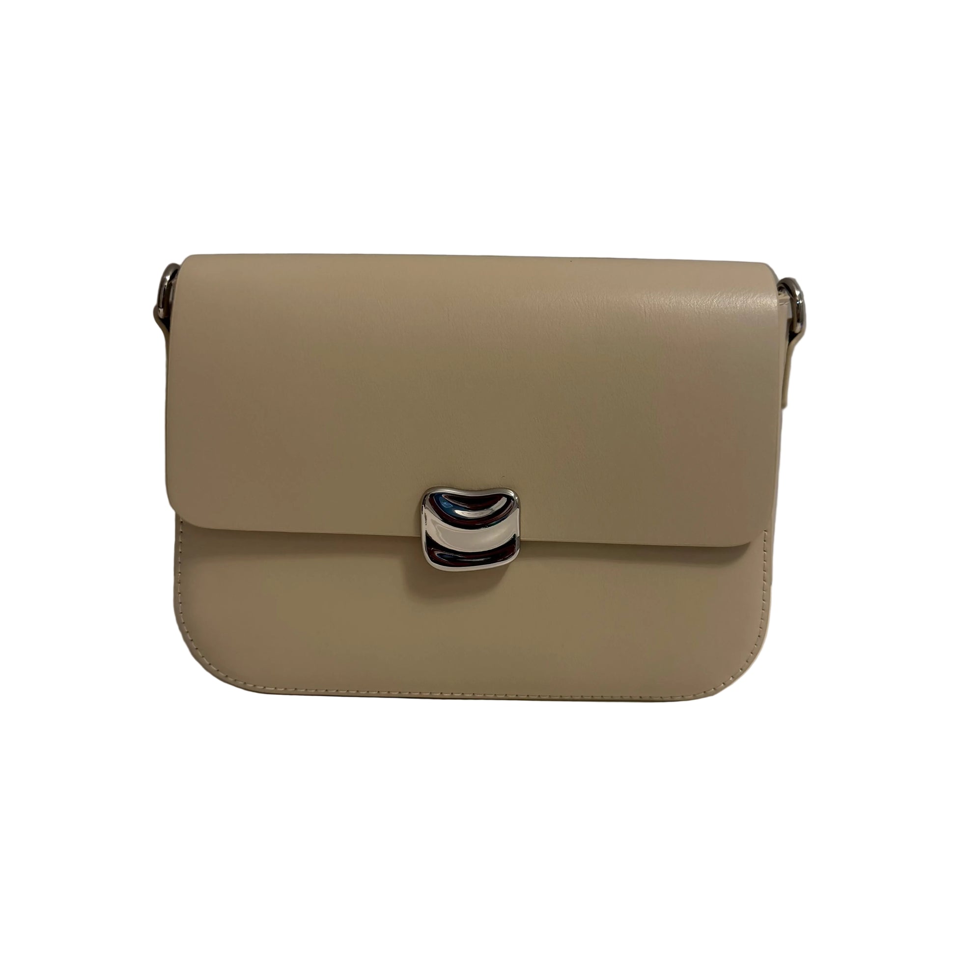 Beige handbag with a silver clasp on a white surface with a gray background