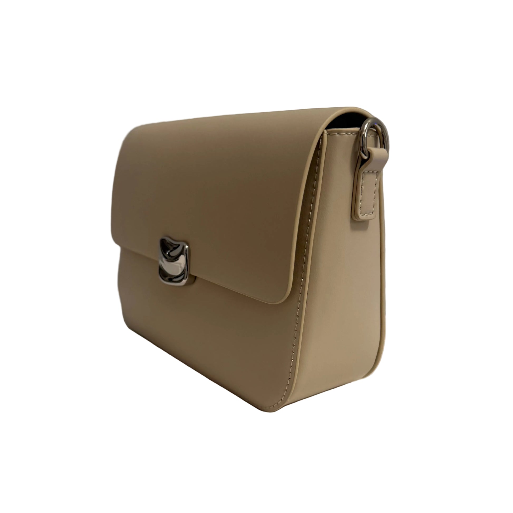 Beige handbag with a silver clasp on a light surface with a gray background