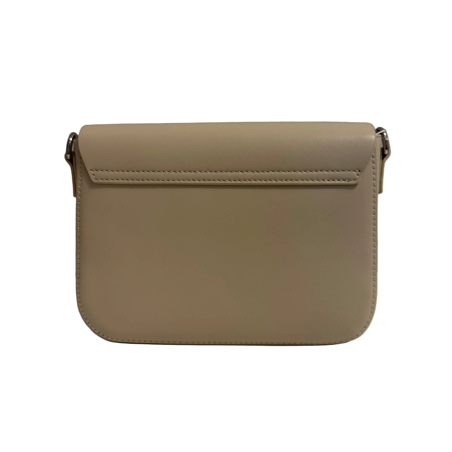 Beige handbag on a white surface with a gray background