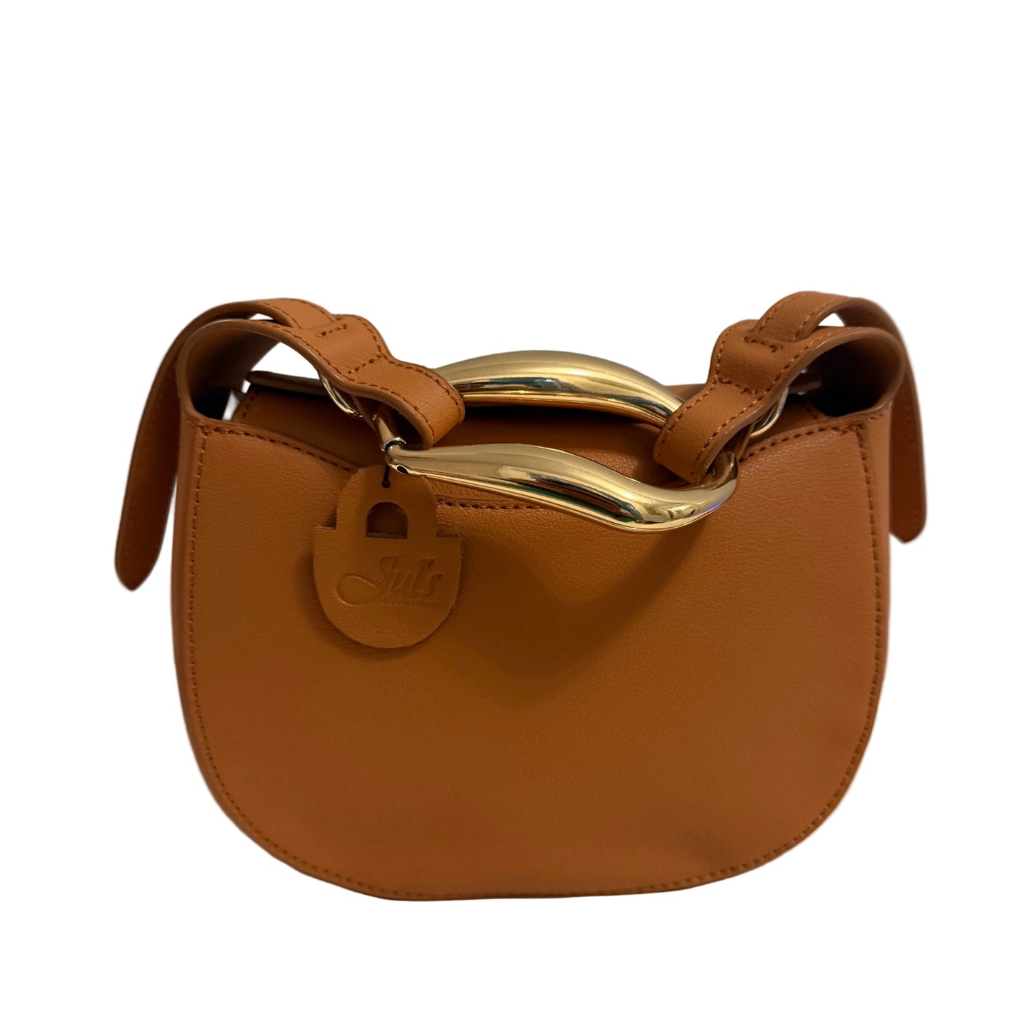 Brown leather handbag with gold chain on a light gray background