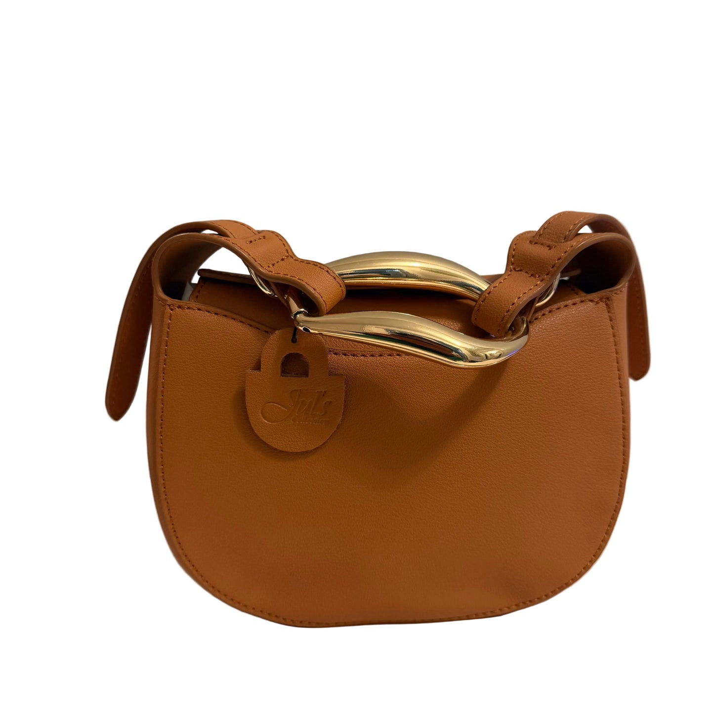 Brown handbag with gold accents on a light gray background