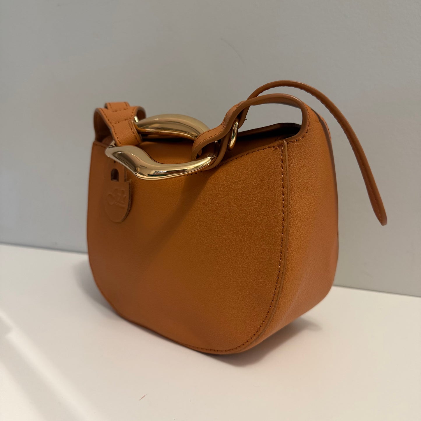 Brown leather handbag with gold clasp on a white surface