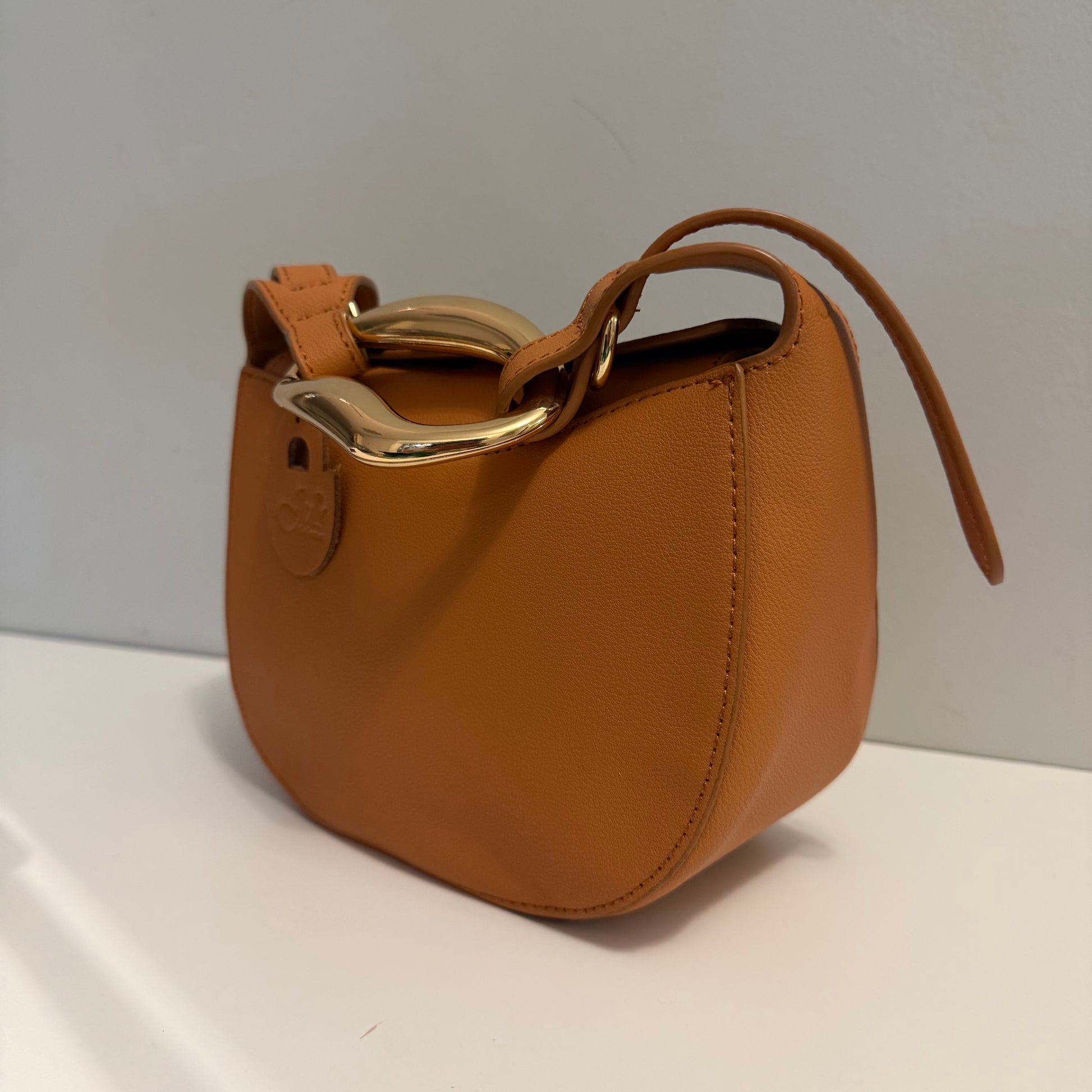 Brown leather handbag with gold clasp on a white surface