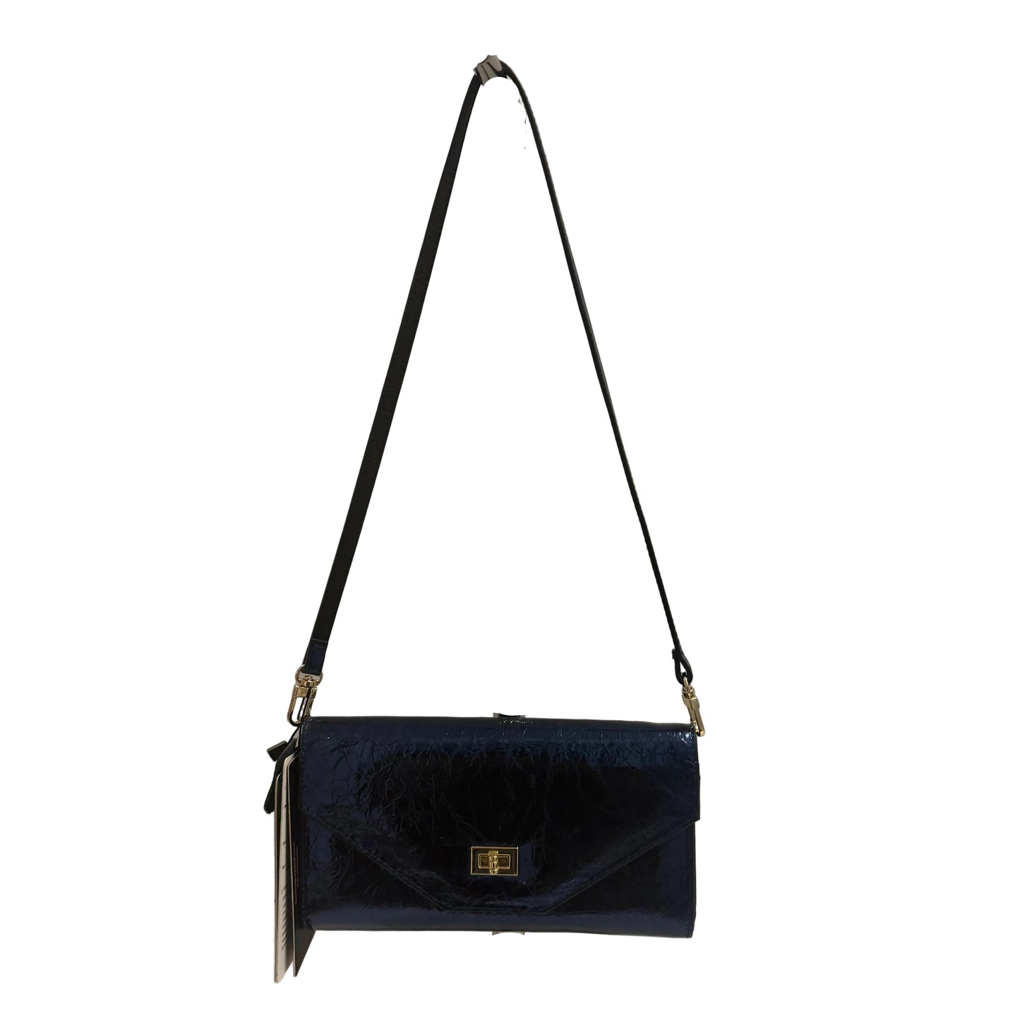 Navy blue handbag with a black strap on a gray background