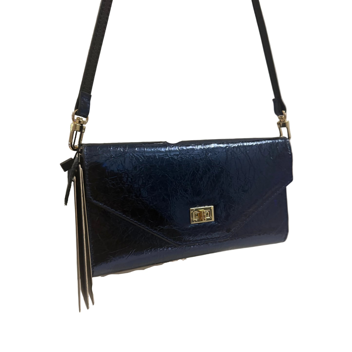 Navy blue textured handbag on a stand against a neutral background