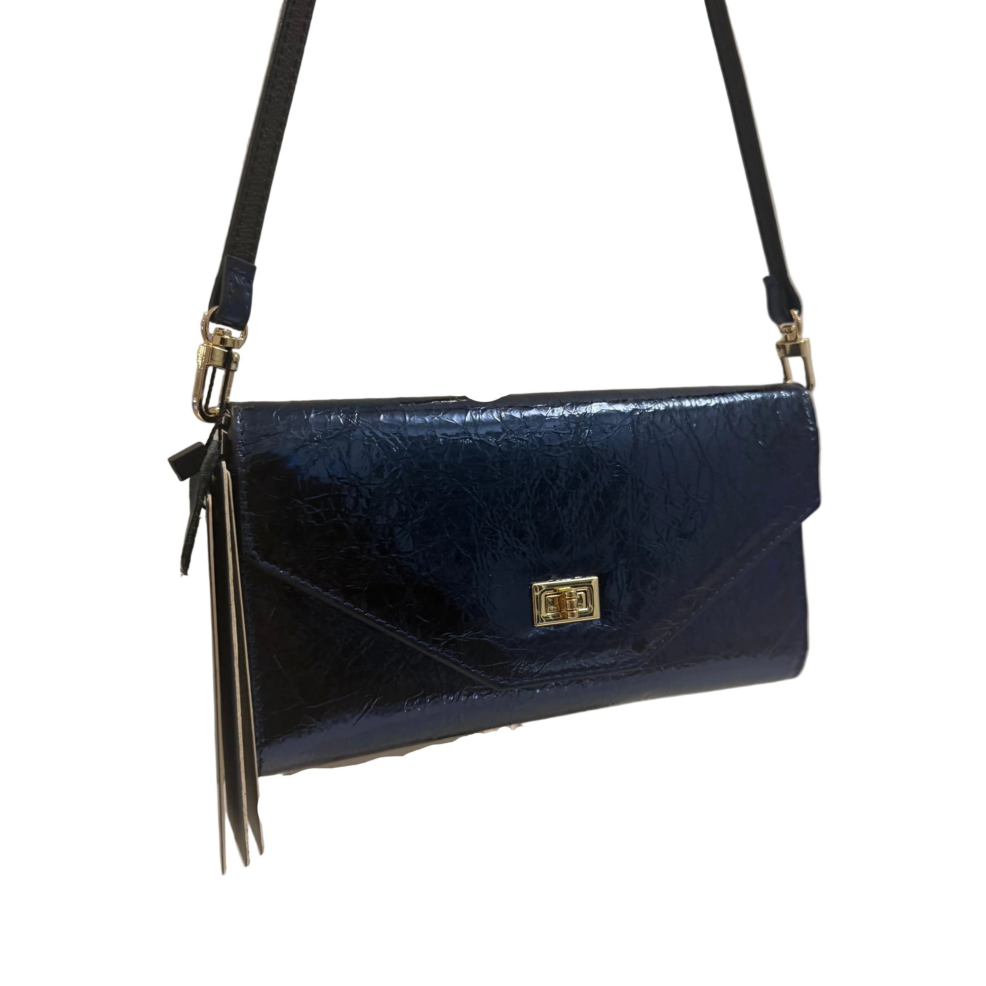 Navy blue textured handbag on a stand against a neutral background