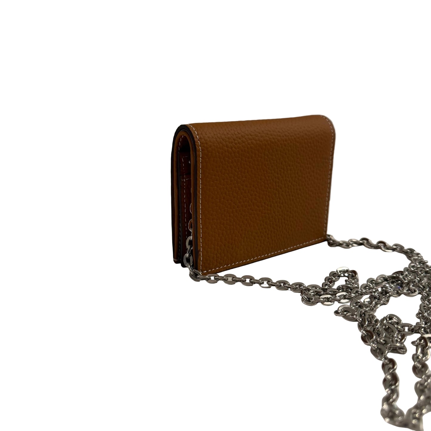 Brown leather wallet with a chain on a light surface