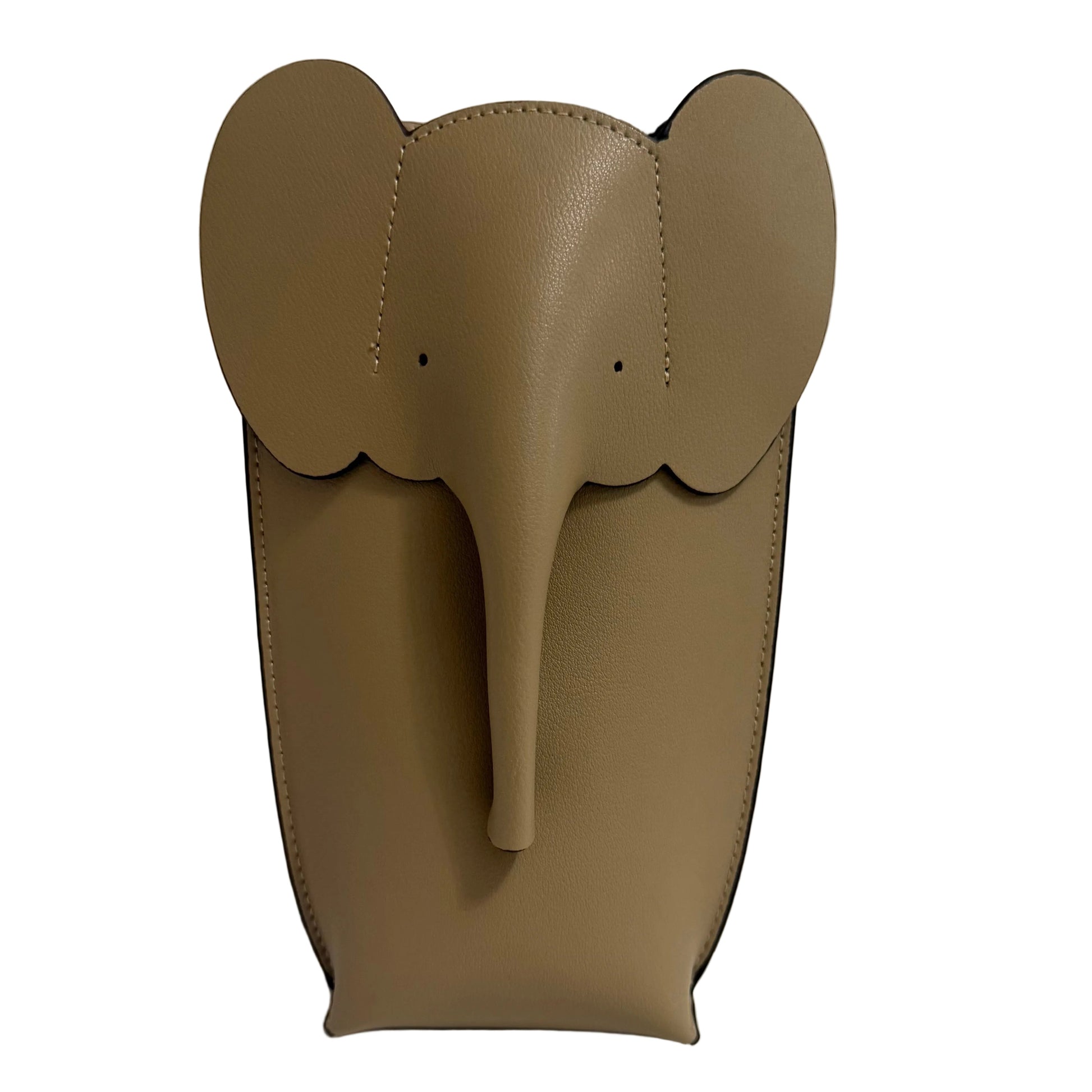 Brown elephant-shaped pouch on a white surface with a gray background