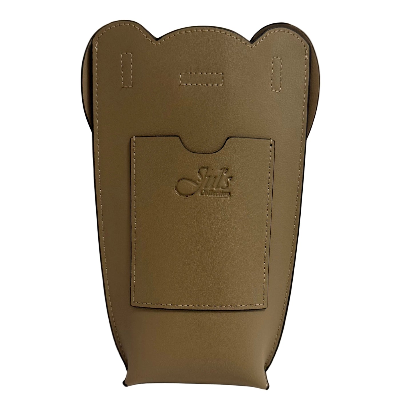 Brown leather product with 'Suits' branding on a gray background