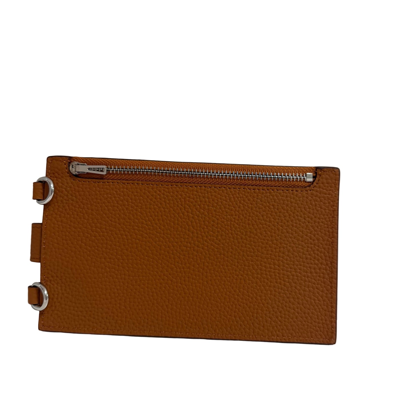 Brown leather clutch with silver zippers on a light gray background