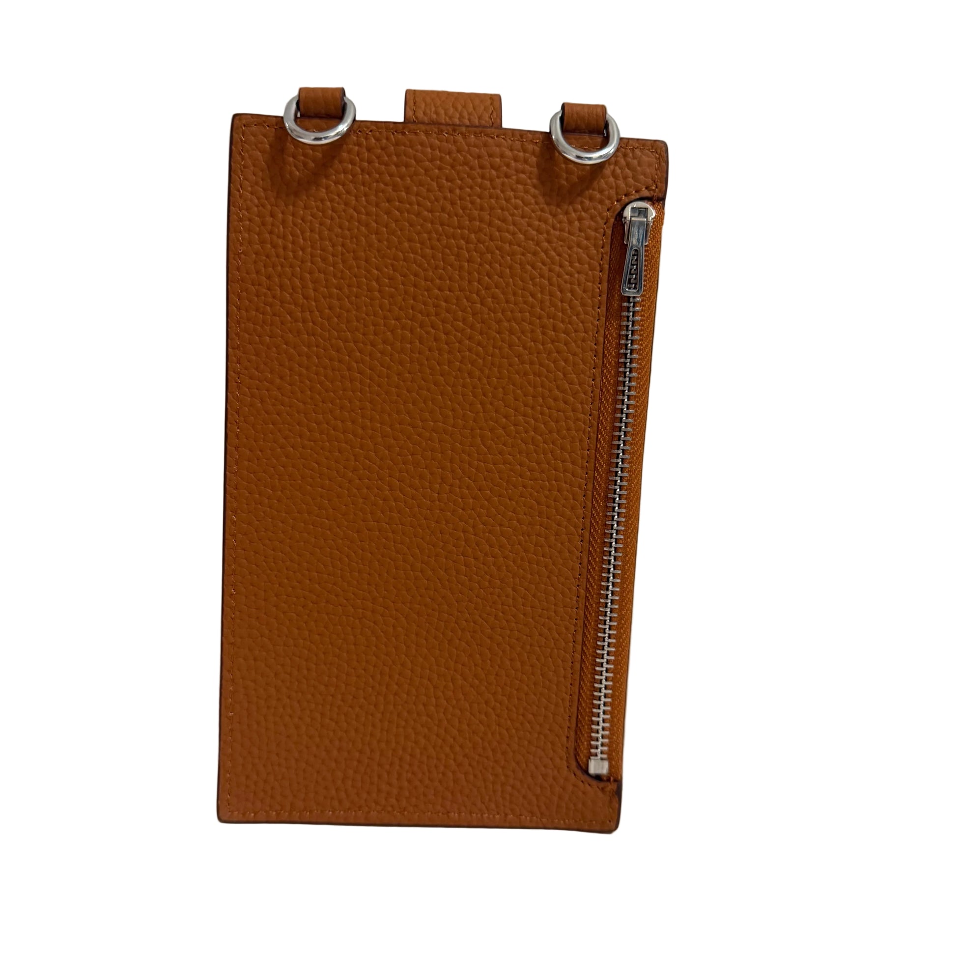 Brown leather phone case with a zipper on a neutral background