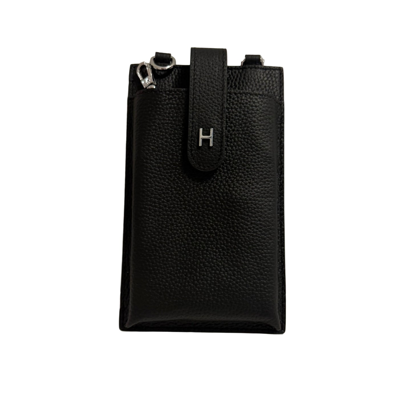 Black textured phone case with a visible brand logo on a neutral background
