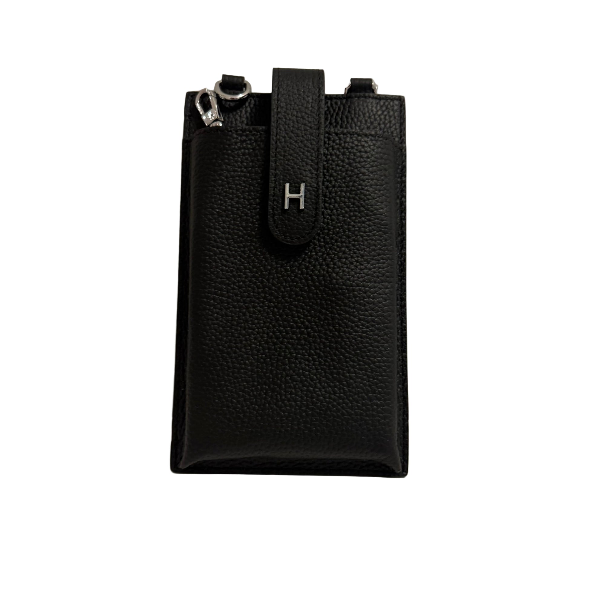 Black textured phone case with a visible brand logo on a neutral background