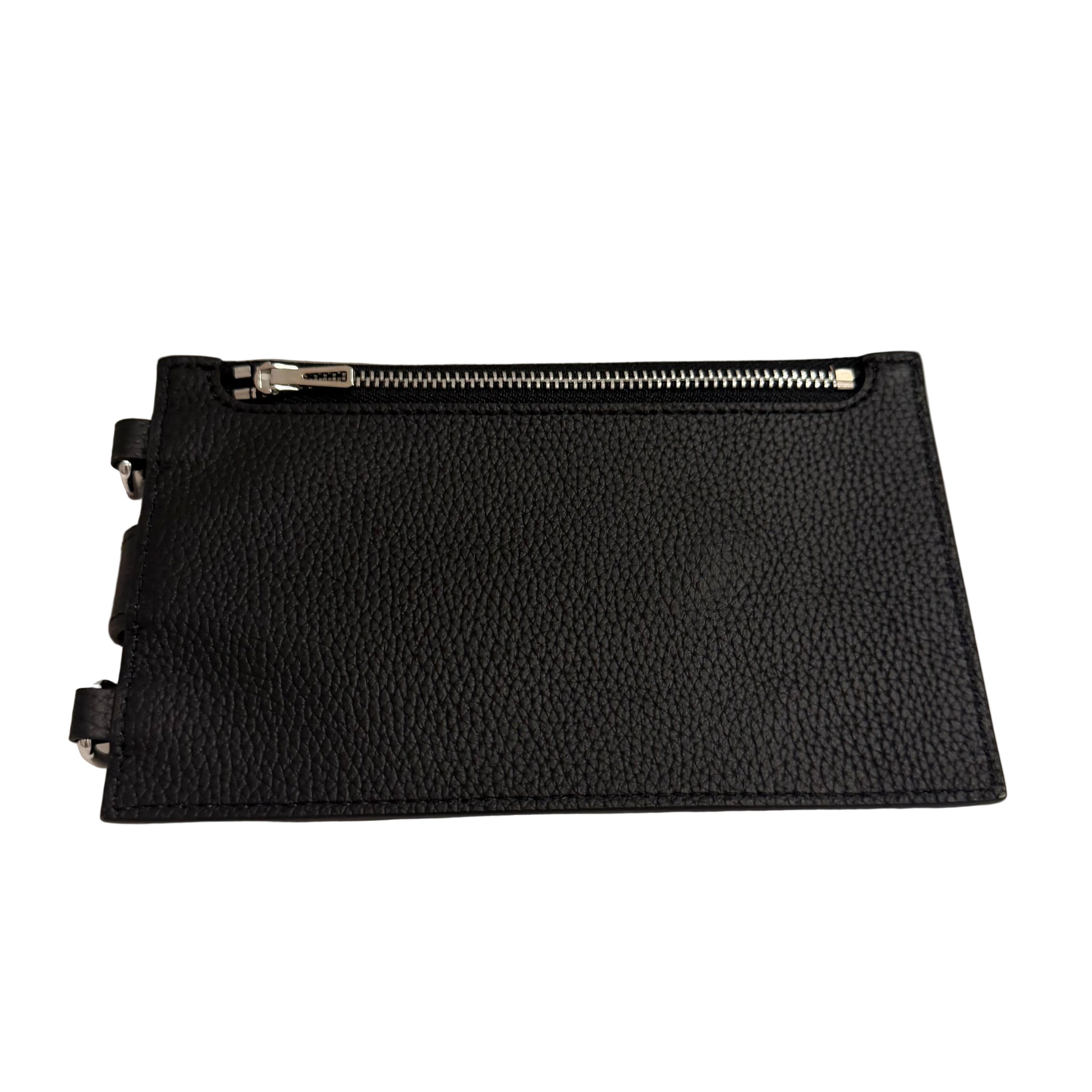 Black leather pouch with a zipper on a light gray background