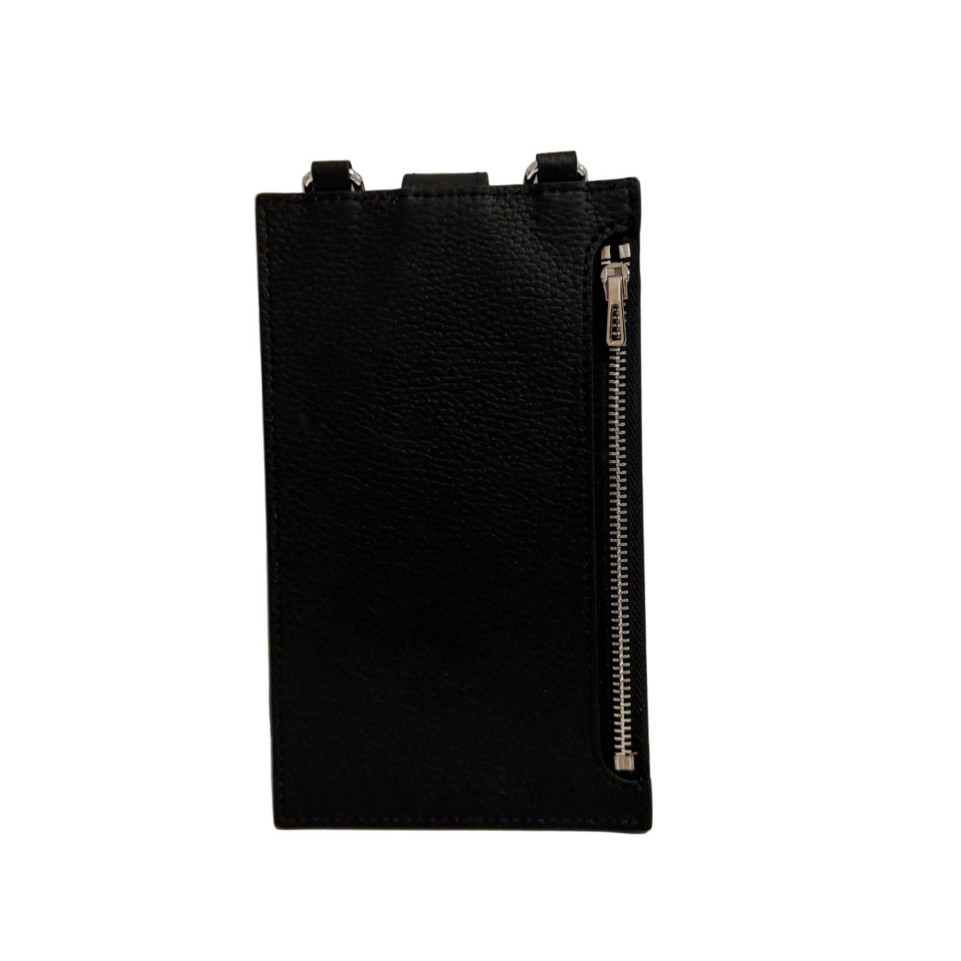 Black leather wallet with a zipper on a white surface and gray background