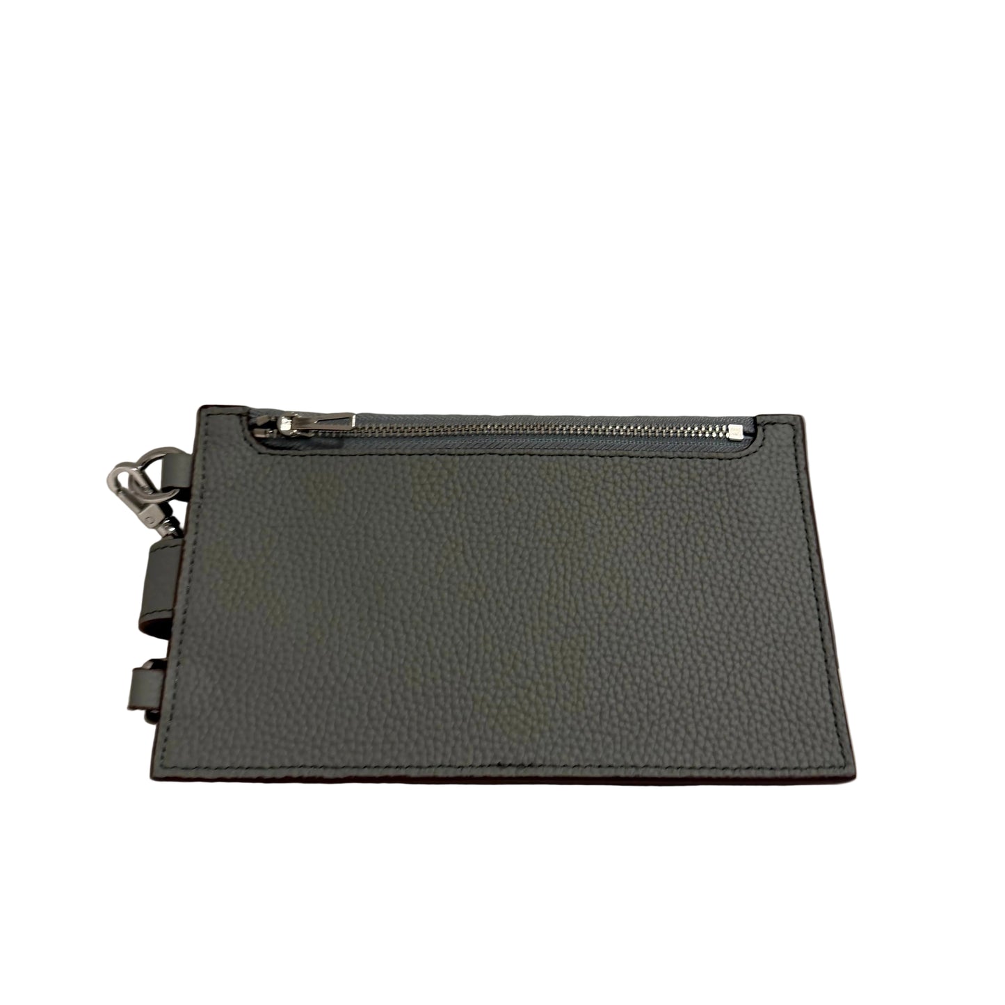 Black leather pouch with a zipper on a gray background
