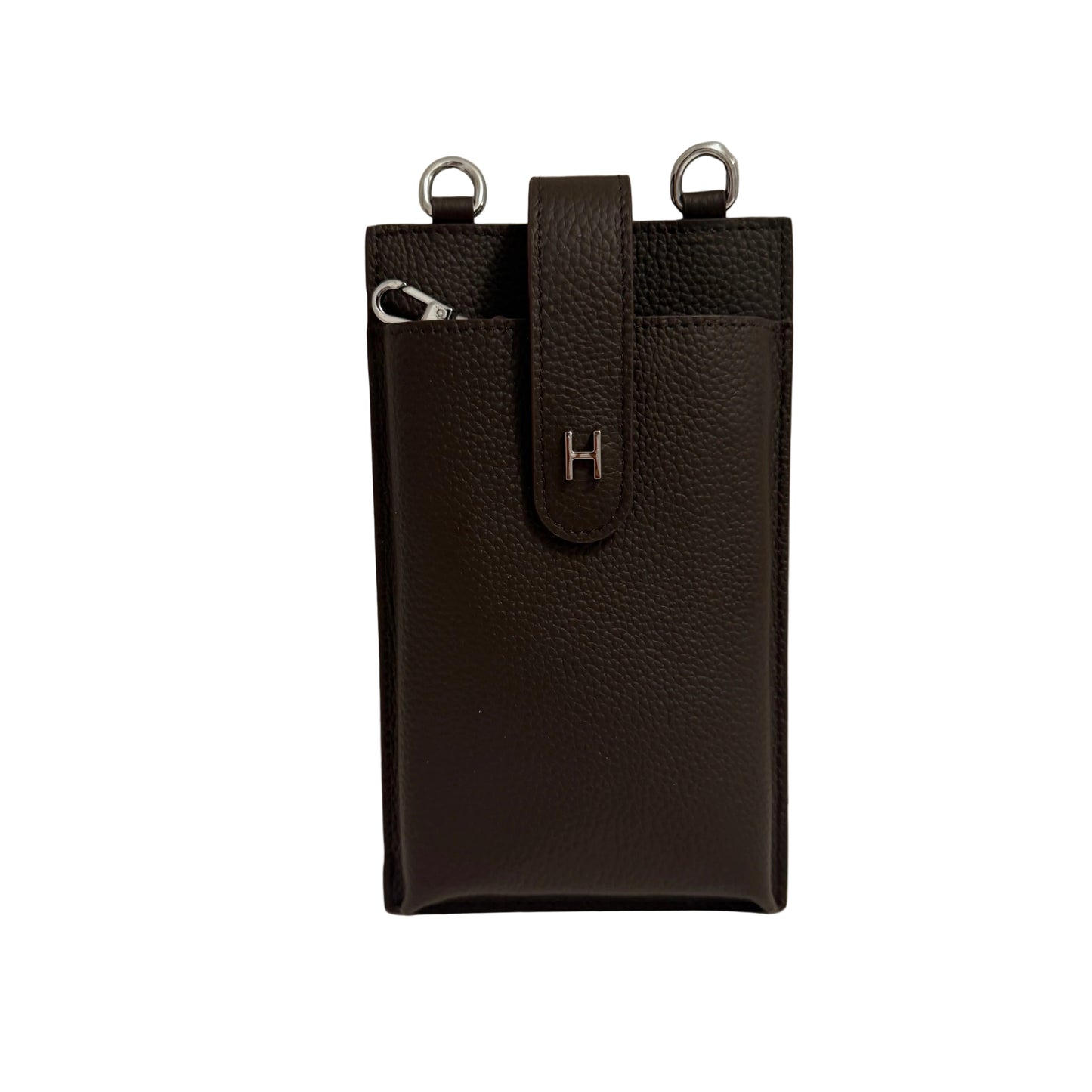 Brown leather pouch with a strap on a gray background