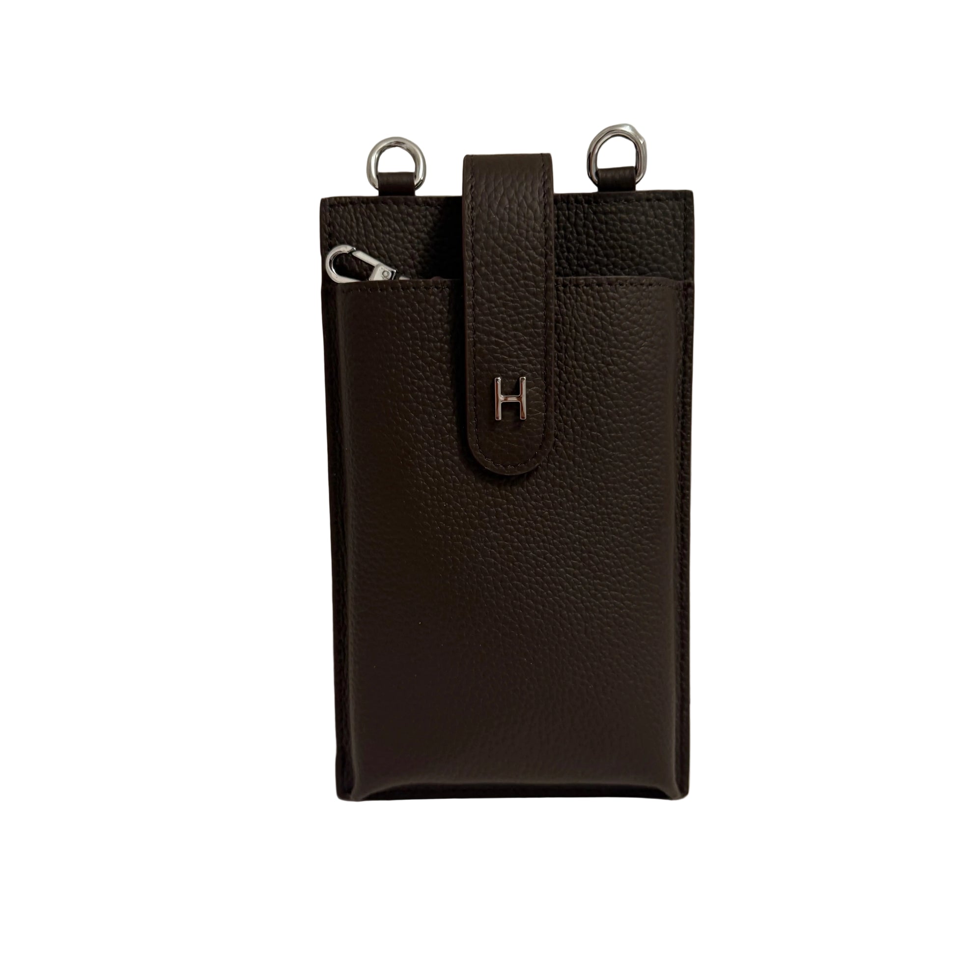 Brown leather pouch with a strap on a gray background
