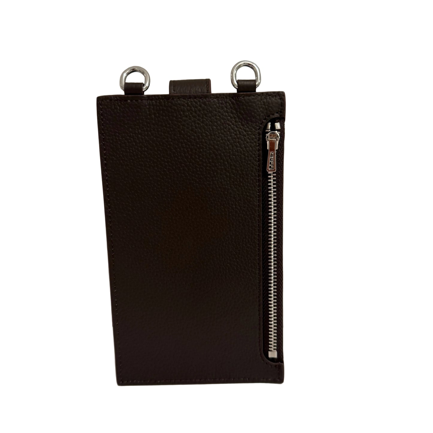 Black leather wallet with zipper on a neutral background