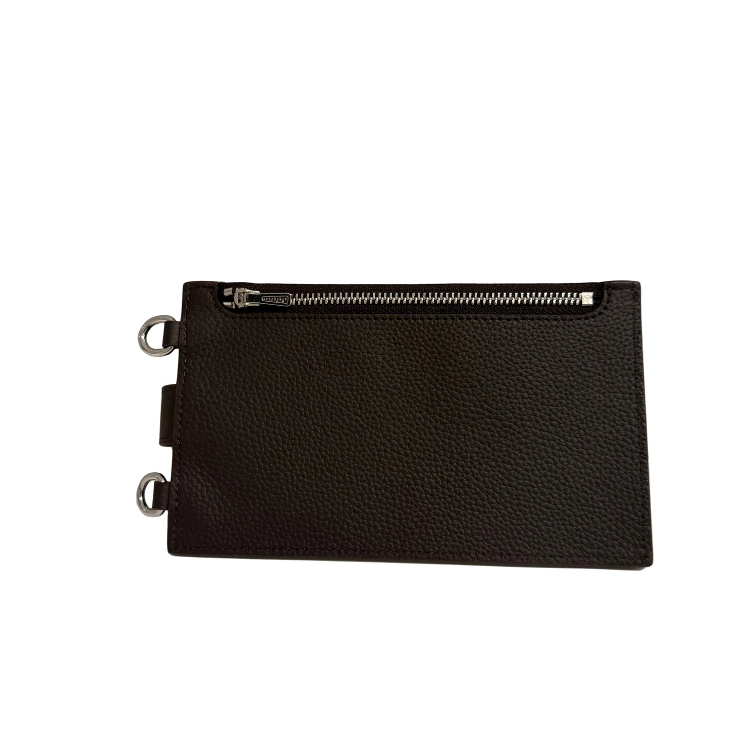 Black leather pouch with a zipper on a white surface with a gray background