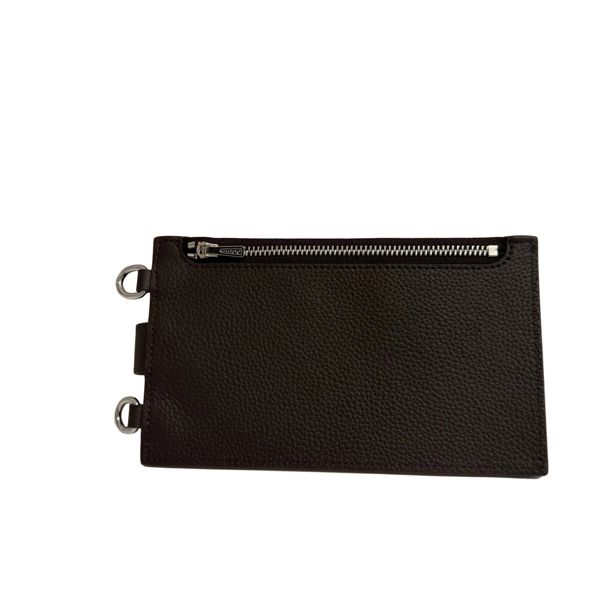 Black leather pouch with a zipper on a white surface with a gray background