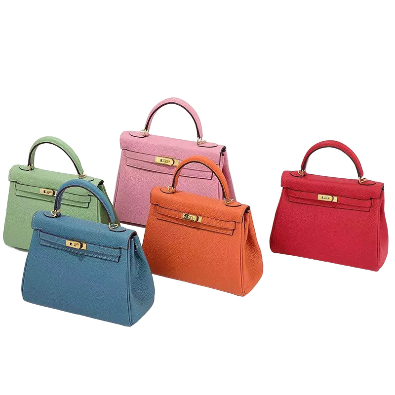 Four handbags in different colors on a white background