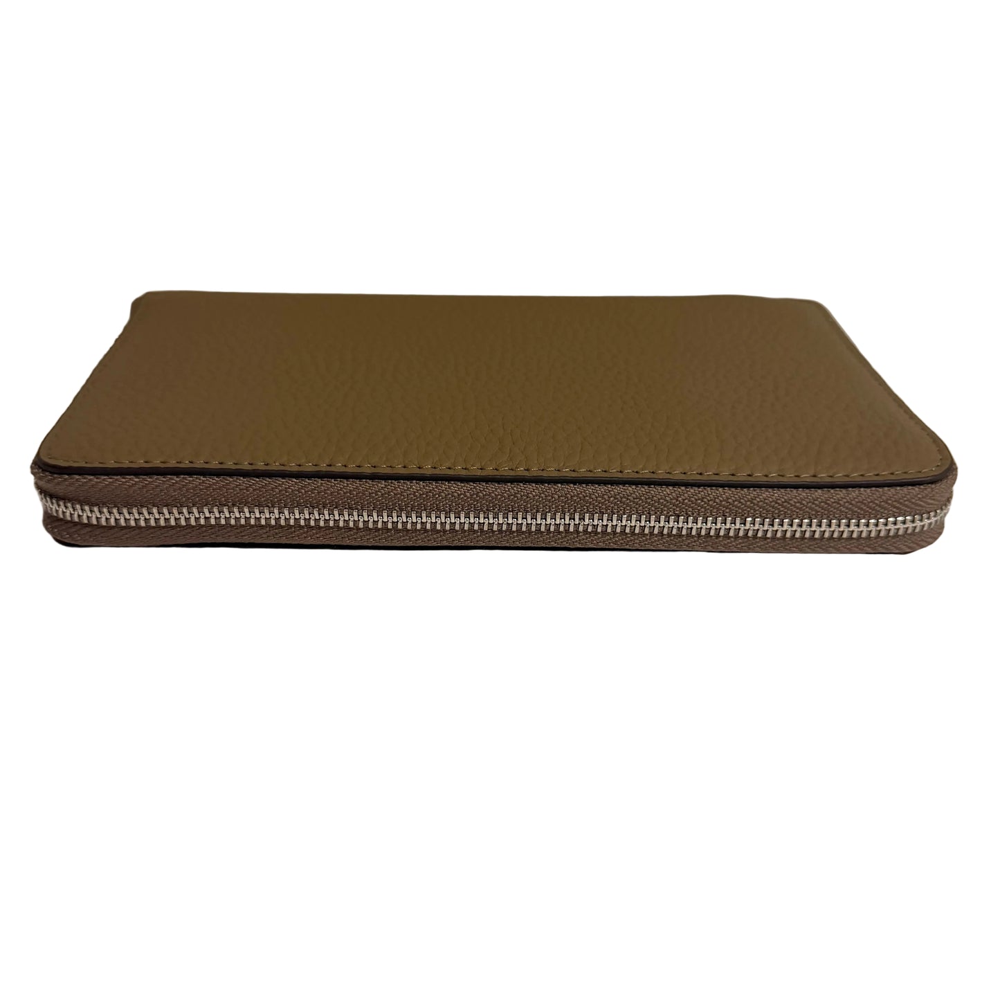 Brown leather zippered pouch on a white surface with a light gray background