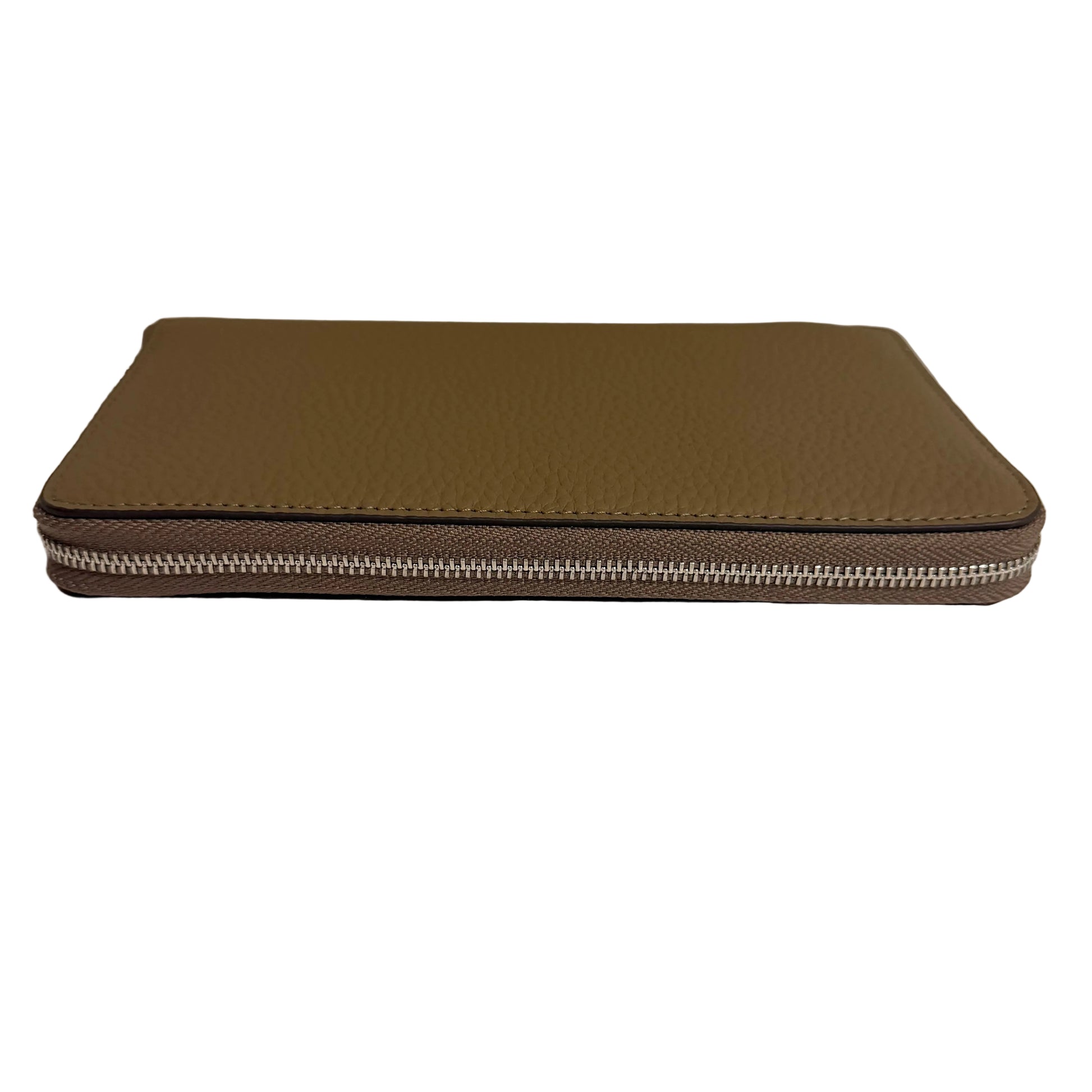 Brown leather zippered pouch on a white surface with a light gray background