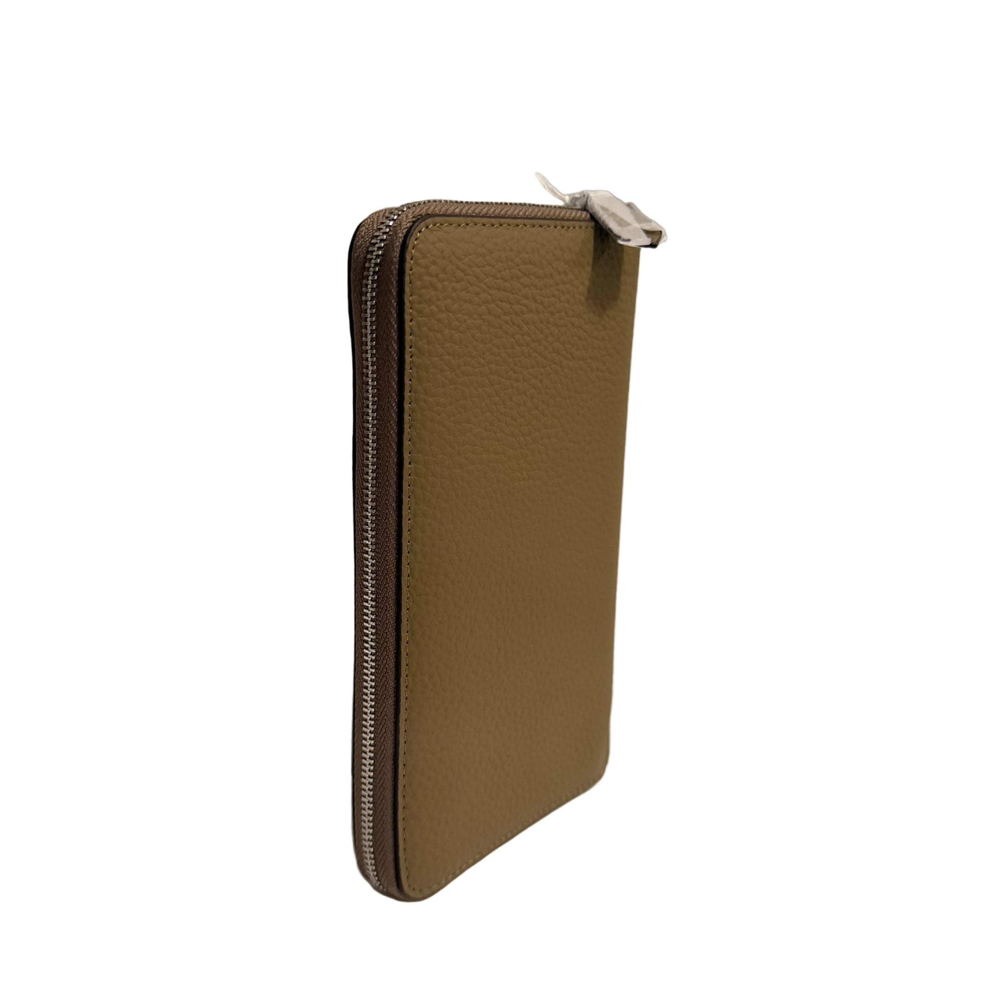 Brown leather wallet with a zipper on a light gray background