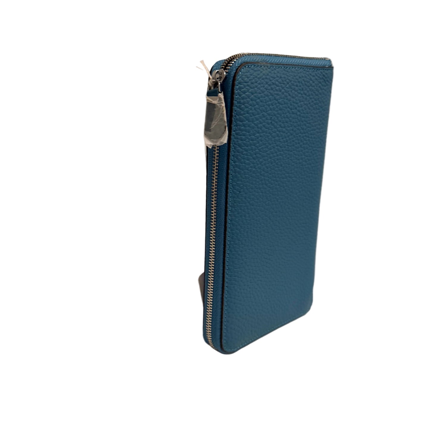 Blue textured wallet with a zipper on a neutral background