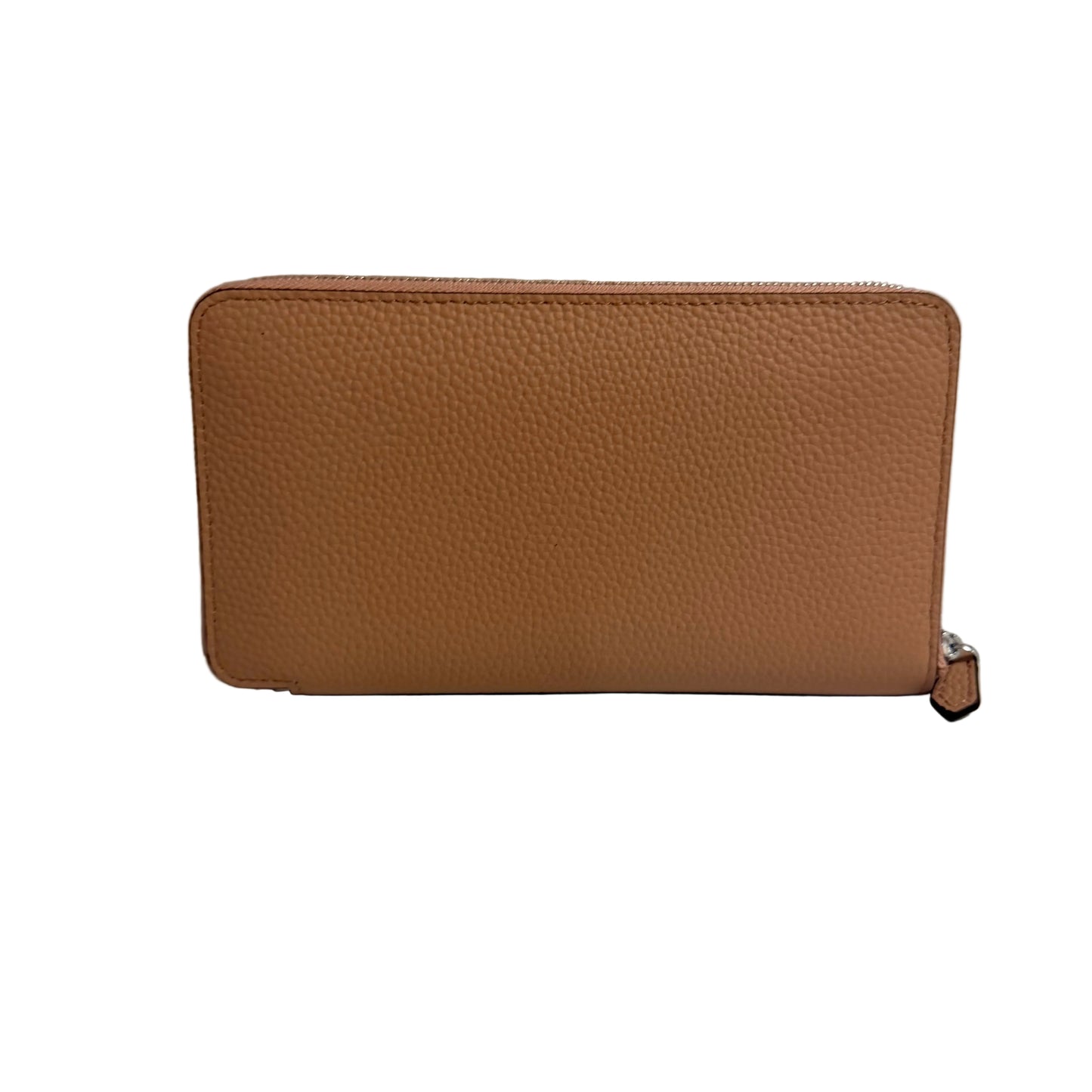 Brown leather wallet on a white surface with a gray background
