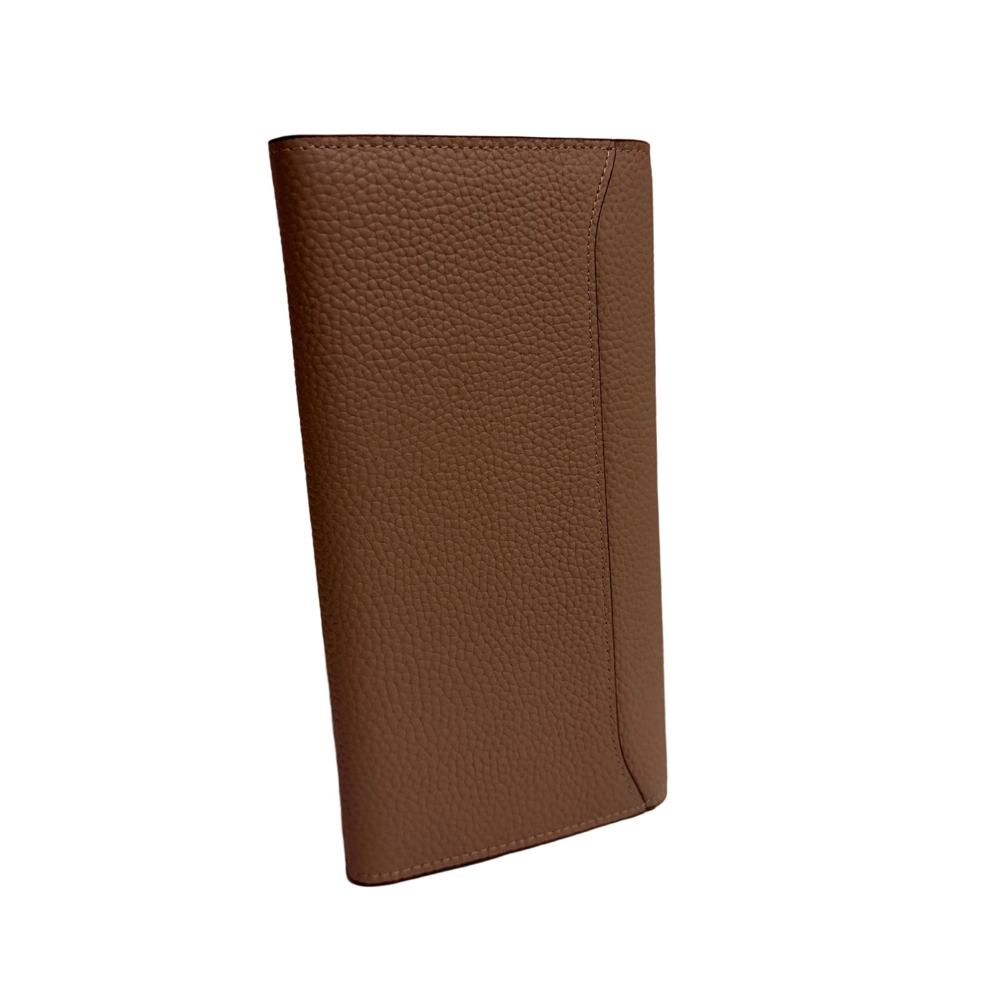 Brown leather wallet on a white surface with a light purple background