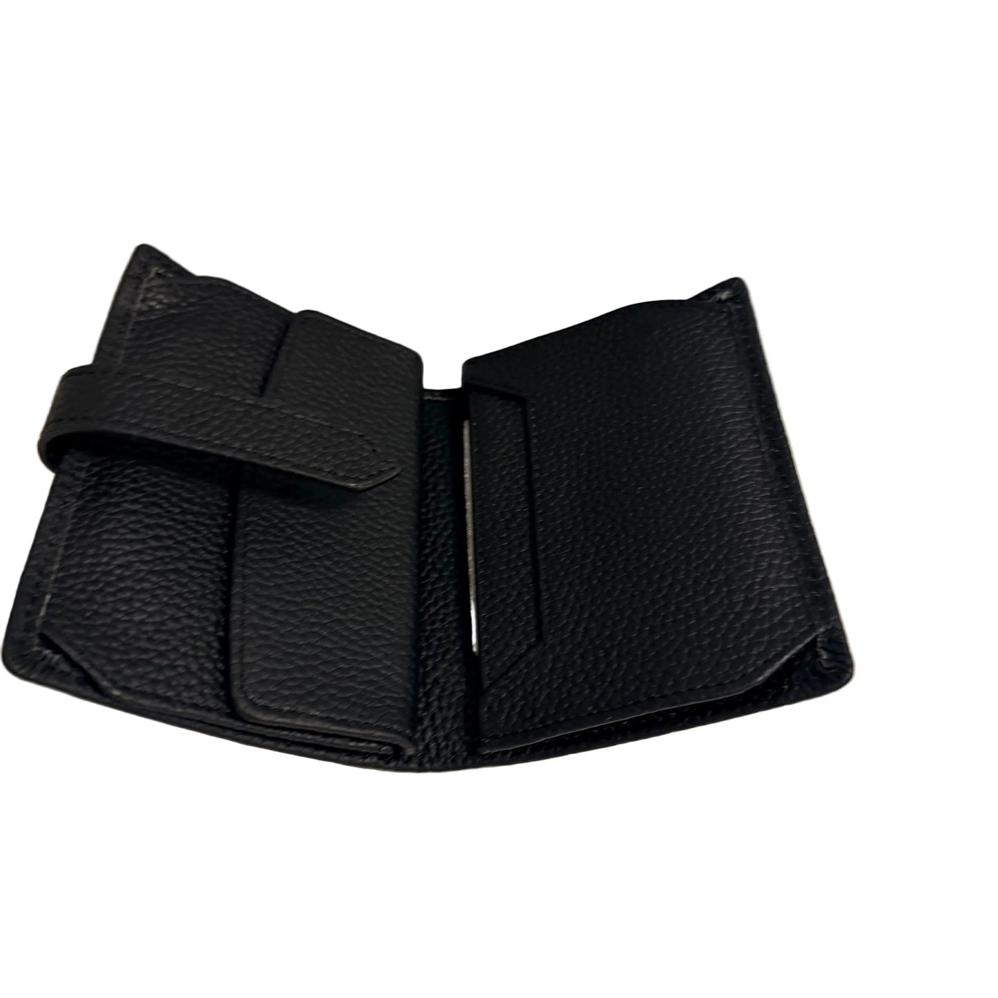 Black leather wallet on a white surface with a gray background