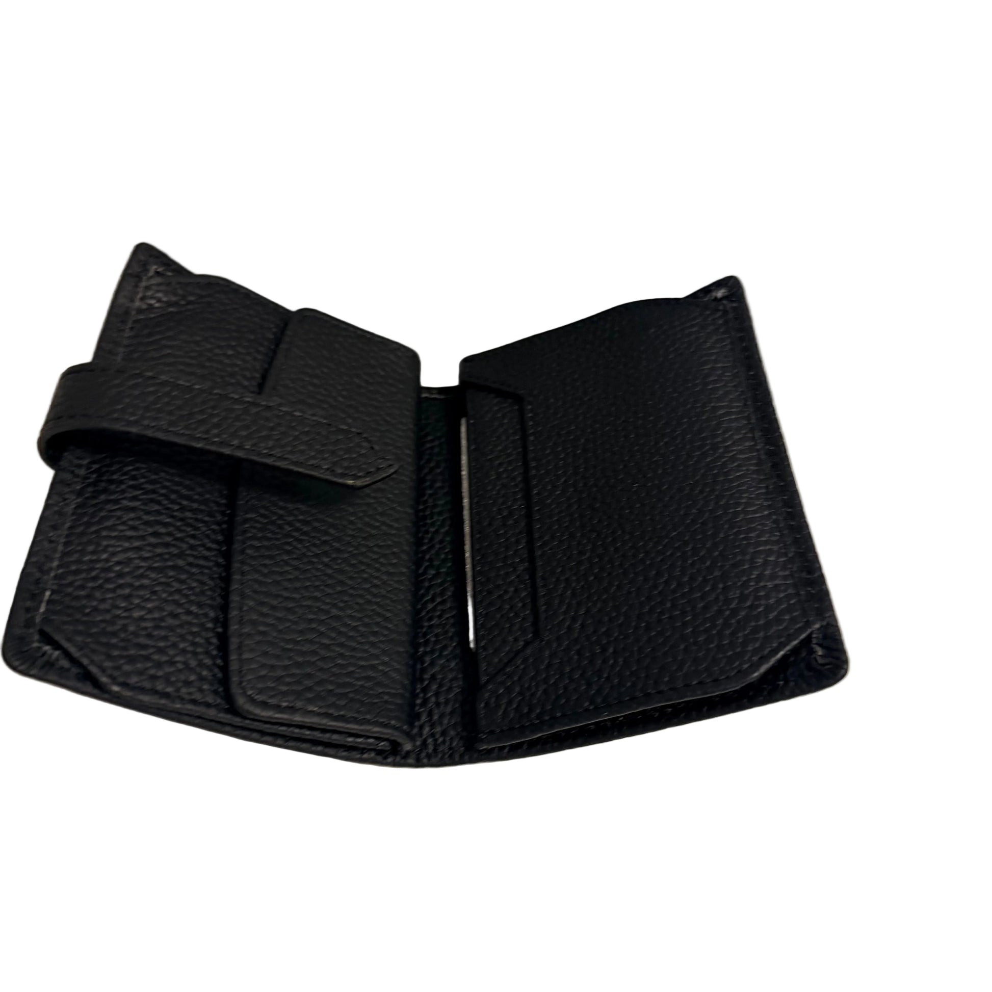 Black leather wallet on a white surface with a gray background