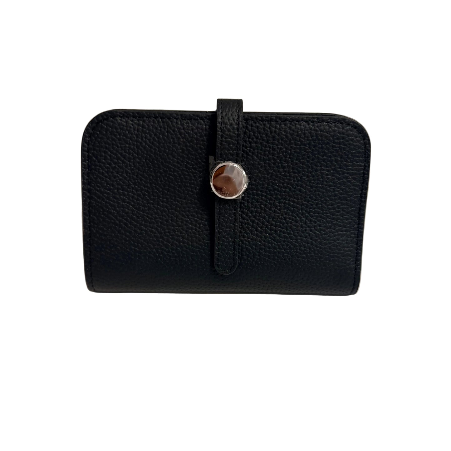 Black leather wallet with a silver clasp on a light gray background