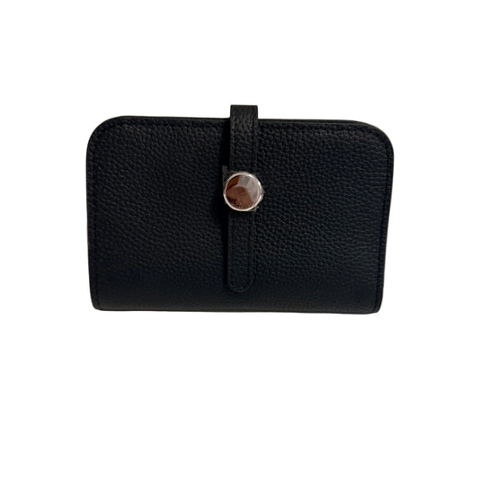 Black leather wallet with a silver clasp on a light gray background