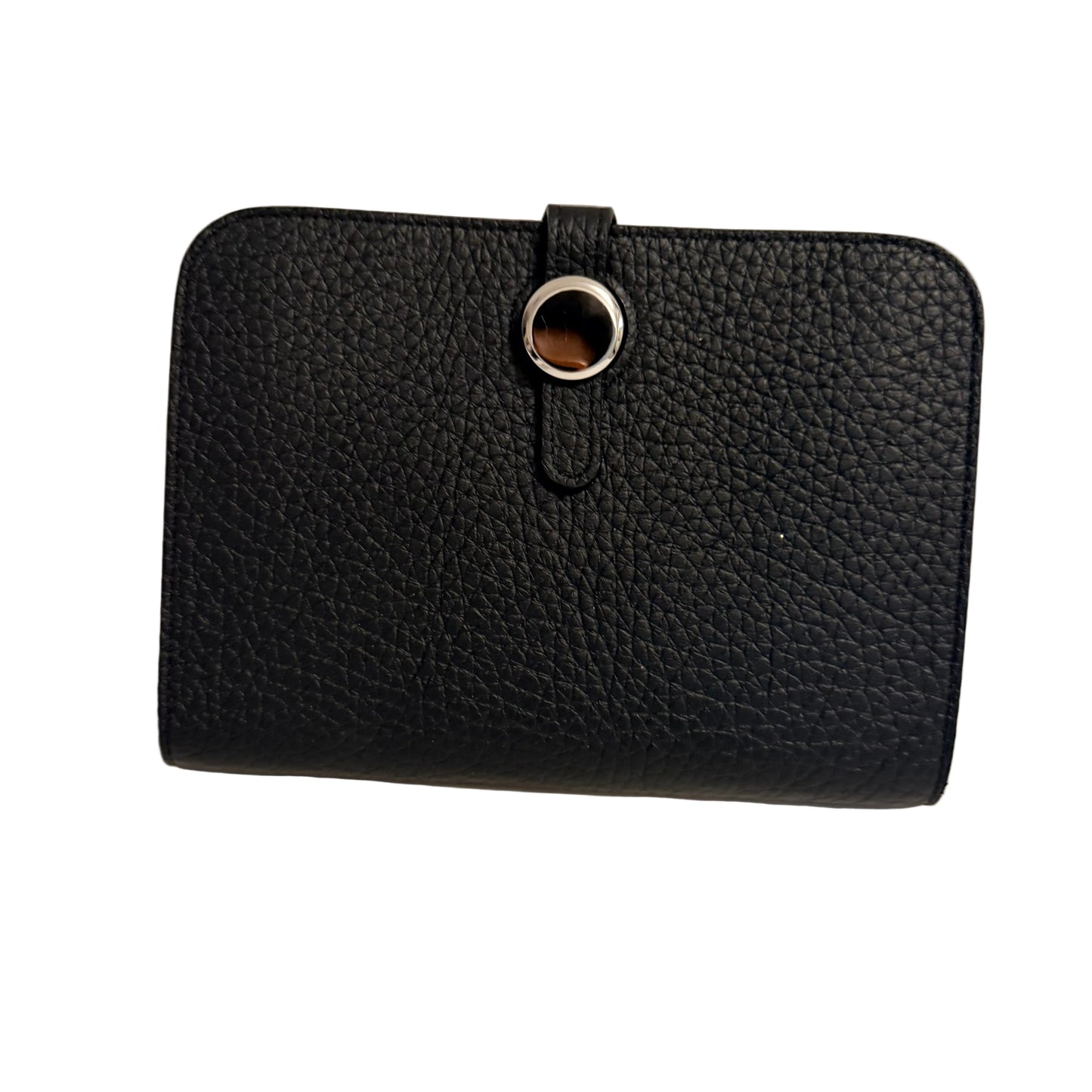 Black leather wallet with a metallic clasp on a light beige background