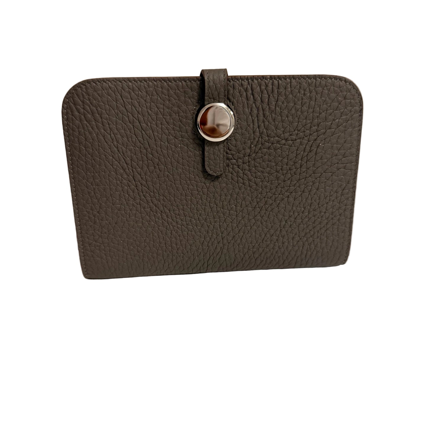 Brown leather wallet with a silver buckle on a light gray background