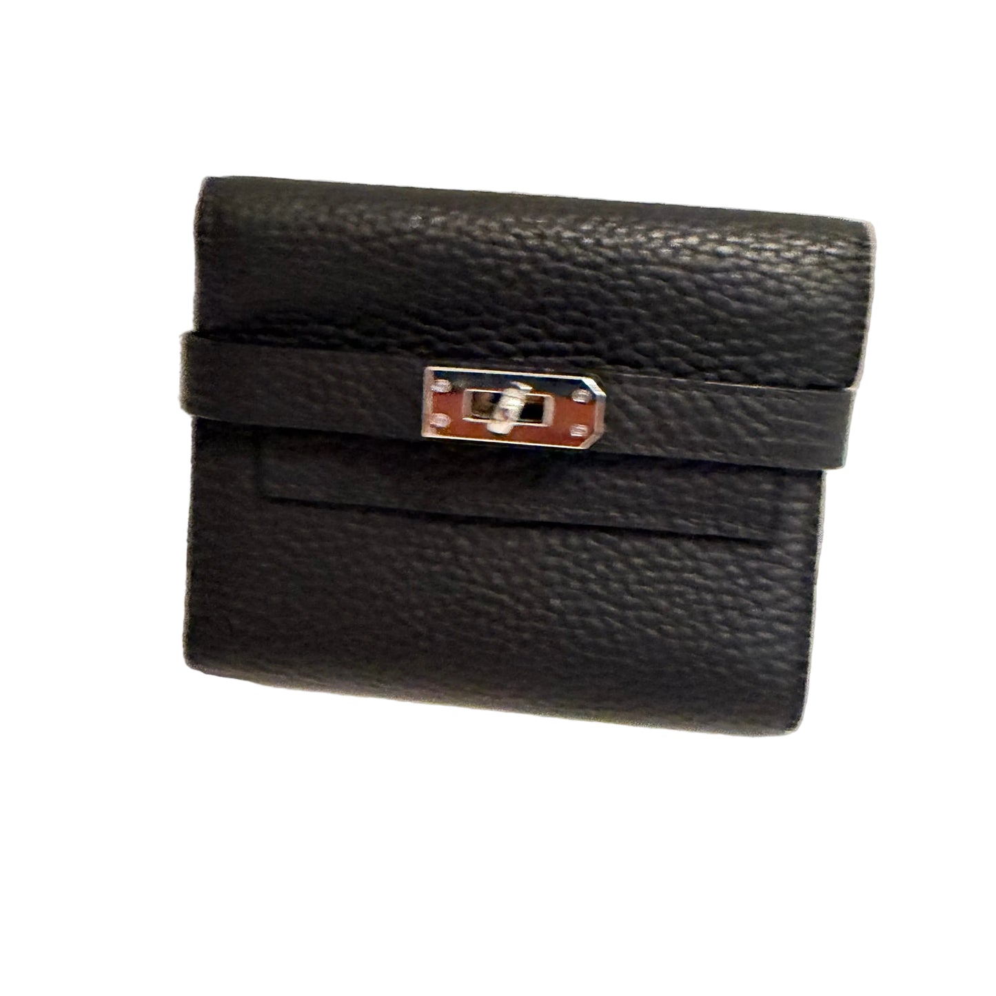 Black leather wallet with a silver buckle on a light gray background
