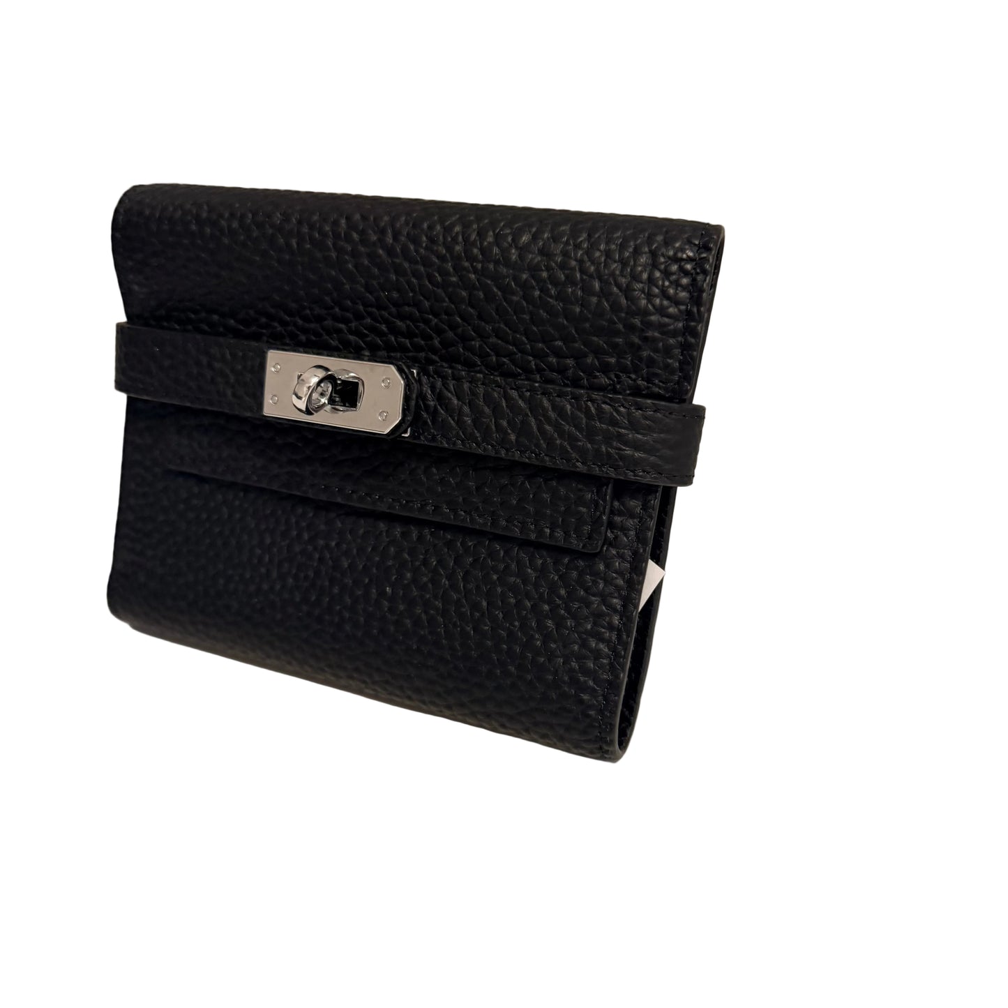 Black textured wallet with a silver clasp on a light gray background