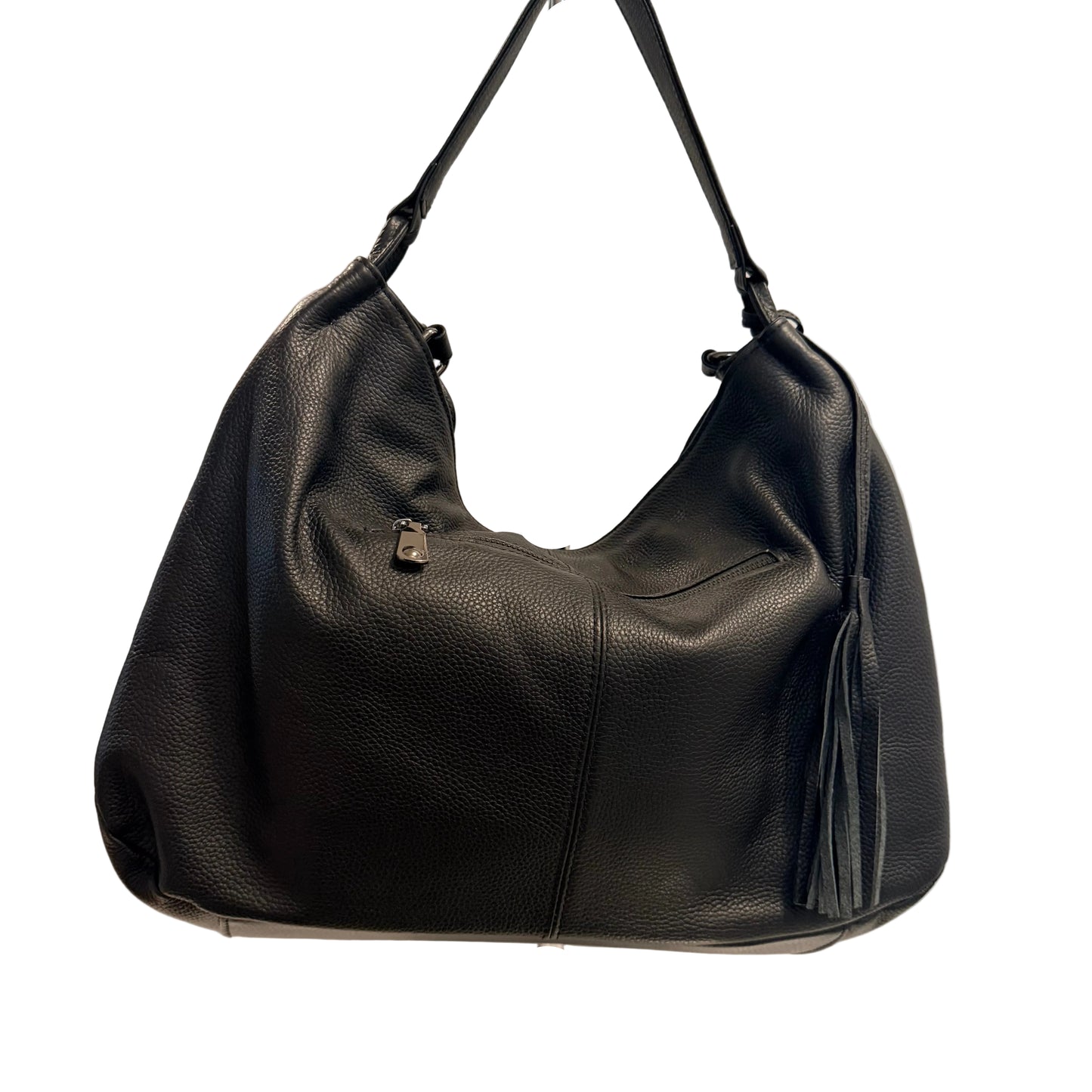 Black leather handbag on a stand against a plain background