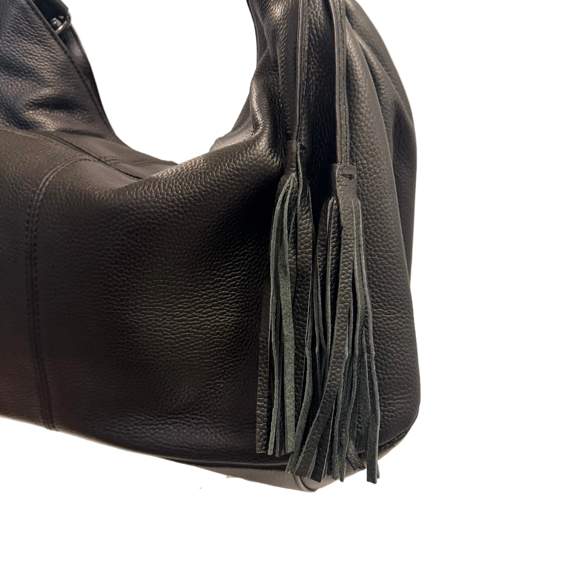 Black leather handbag with tassels on a white background