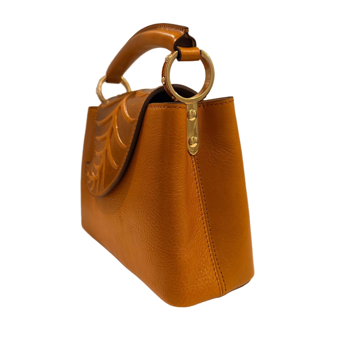 Brown handbag with gold handle and clasp on a light background