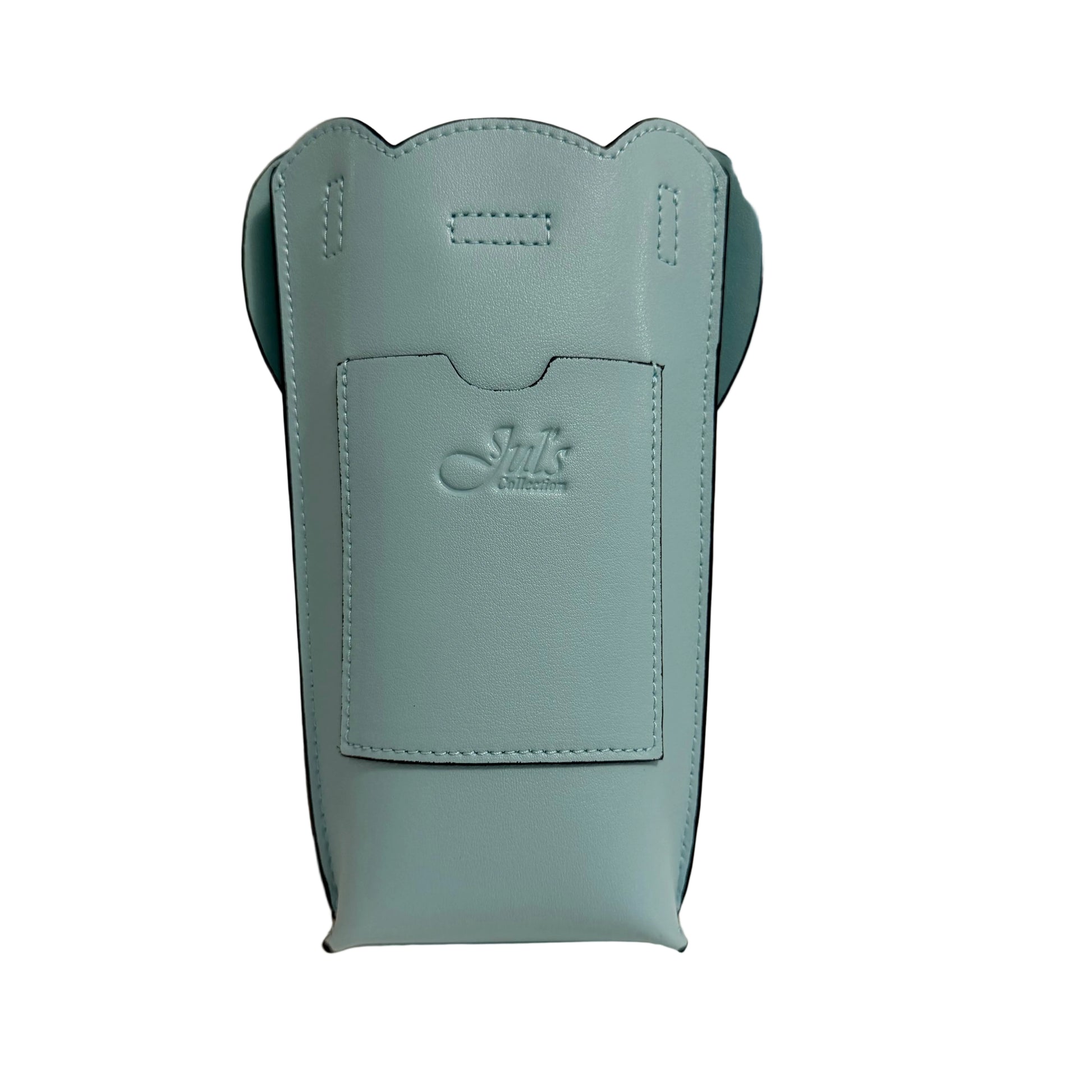 Light blue leather case with 'Silk' branding on a beige background